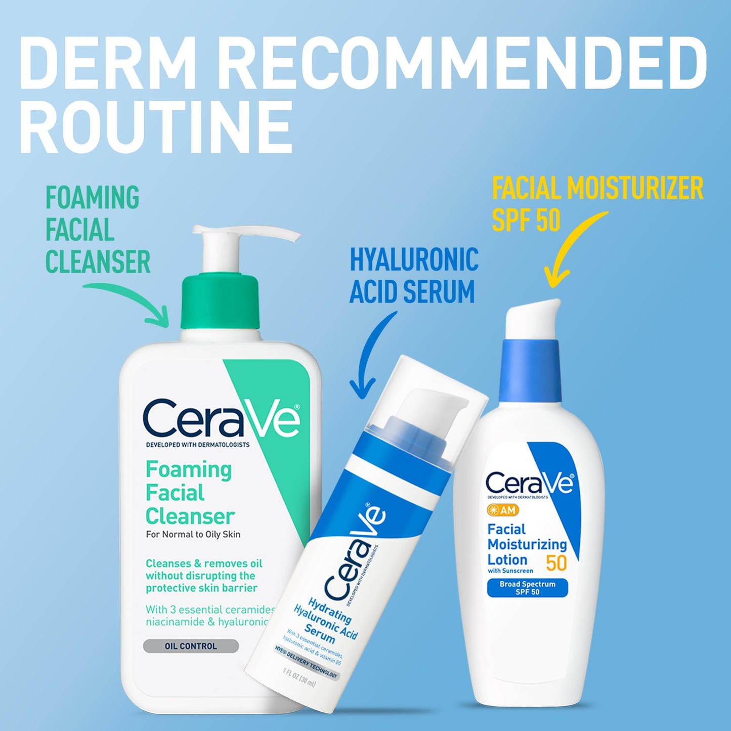 CeraVe AM Facial Moisturizing Lotion SPF 50, Face Moisturizer with SPF, Hyaluronic Acid, Niacinamide & Ceramides, Non-Greasy, Blends Seamlessly With No White Cast, Non Comedogenic Sunscreen, 3 Oz