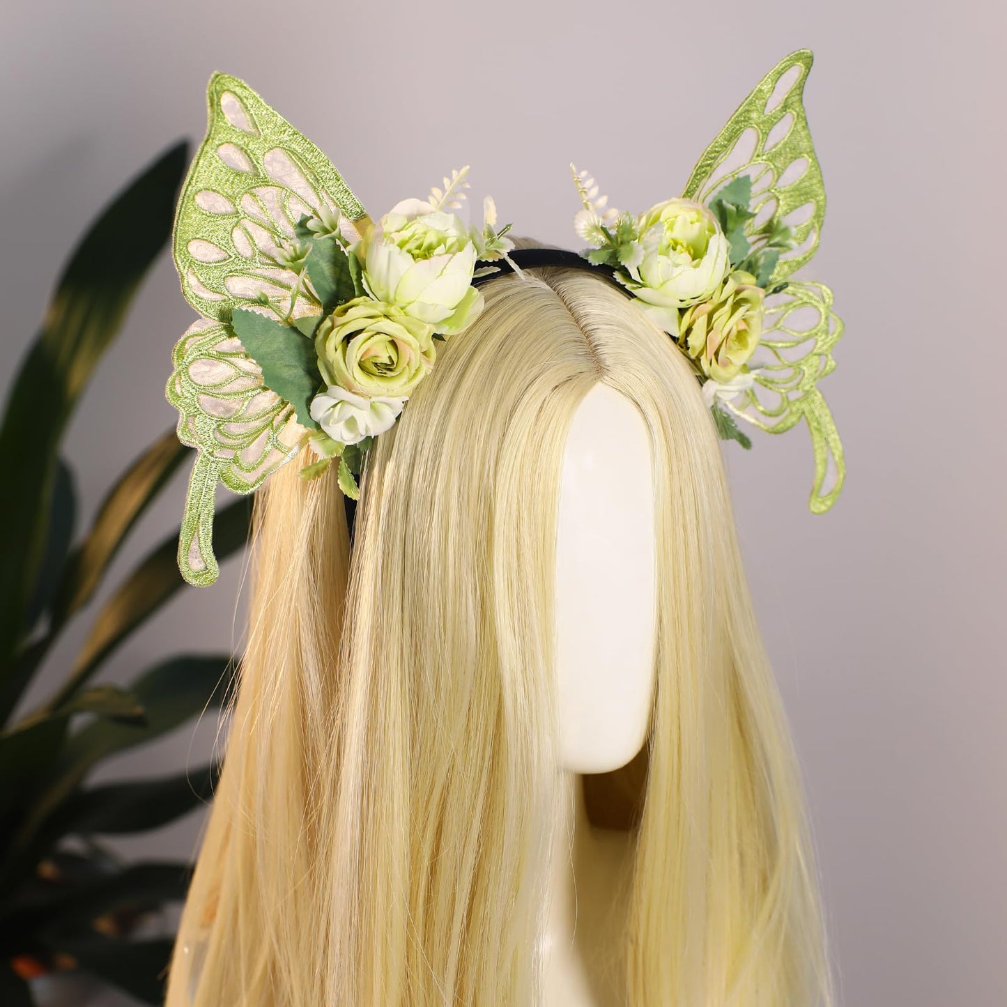 MOSTORY Green Flower Fairy Crown - Butterfly Wings Headband Floral Hairband Woodland Headpiece Fairy Costume for Women Princess Renaissance Ren Faire Elf Cosplay Halloween