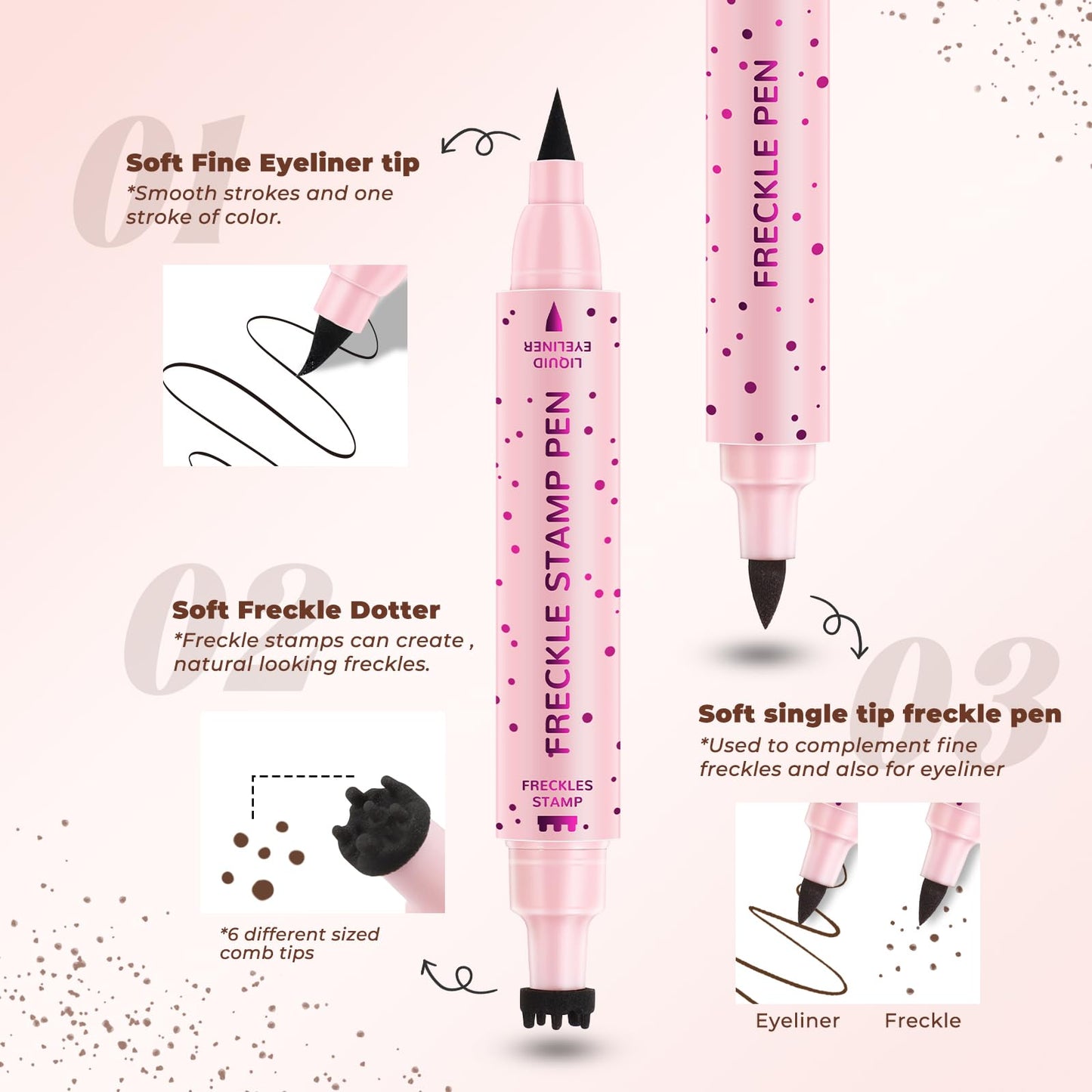 HOSAILY 2pcs Light Brown Freckle Stamp Makeup Pen, Quick Dry Faux Freckles Black Liquid Eyeliner Pen Set, Natural Lifelike Waterproof Fake Freckle Stain Marker Pencil Face Decoration Sunkissed Makeup