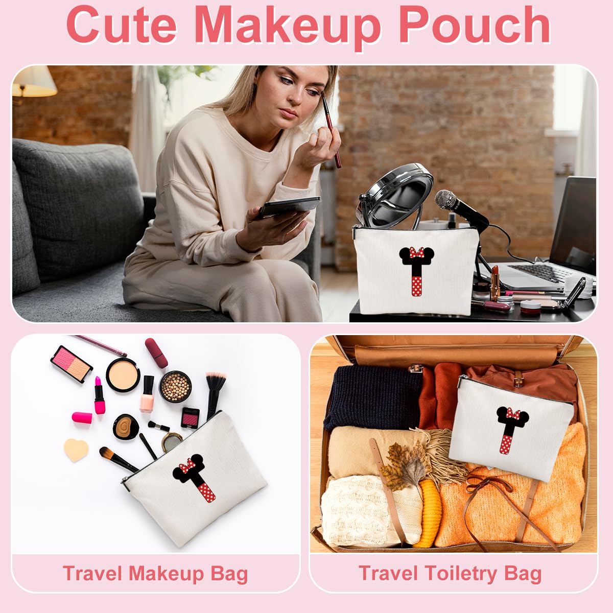 Initial A-Z Personalized Makeup Bag Cute Cartoon Mouse Gifts Monogrammed Cosmetic Bags Magic Mouse Stuff Mouse Lover Gifts Birthday Gifts for Women Girls (T)