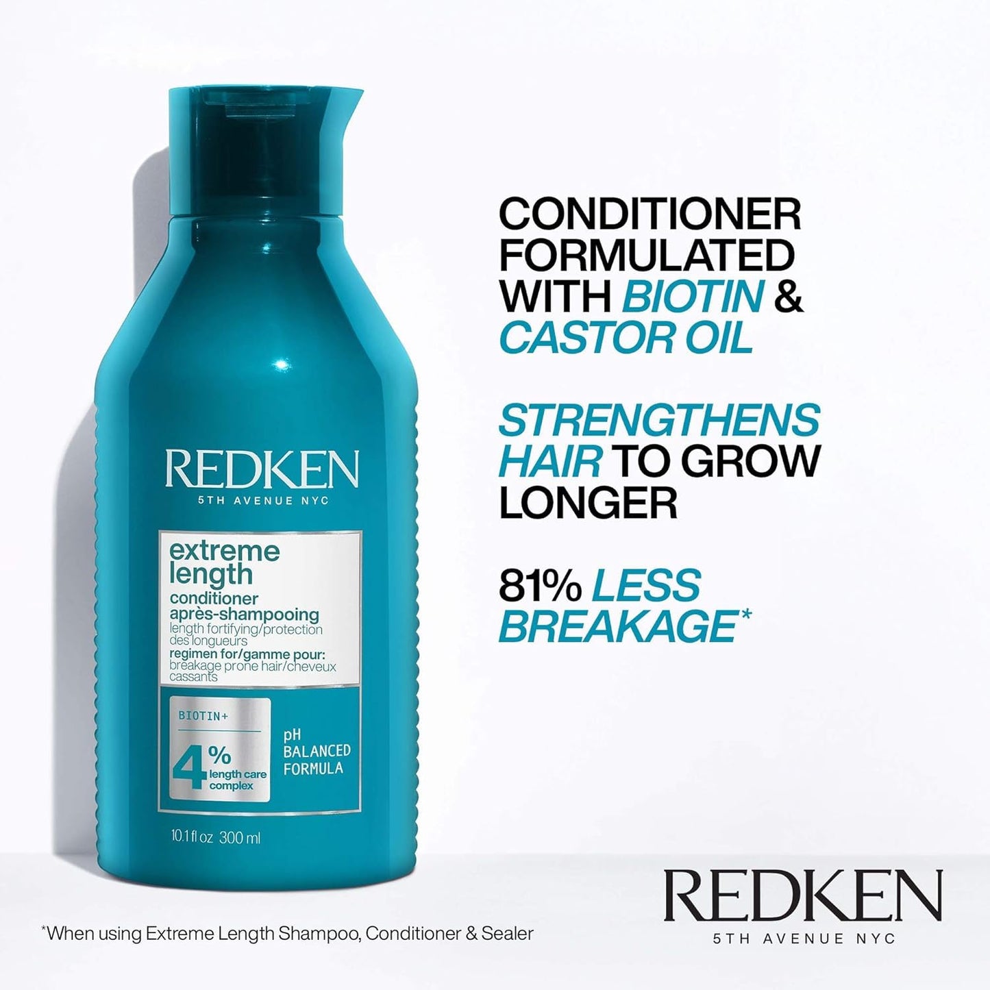 Redken Extreme Length Conditioner For Damaged Hair - Fortifies, Strengthens and Conditions Hair, Infused With Biotin & Castor Oil For Hair Growth, 10.1 Fl Oz