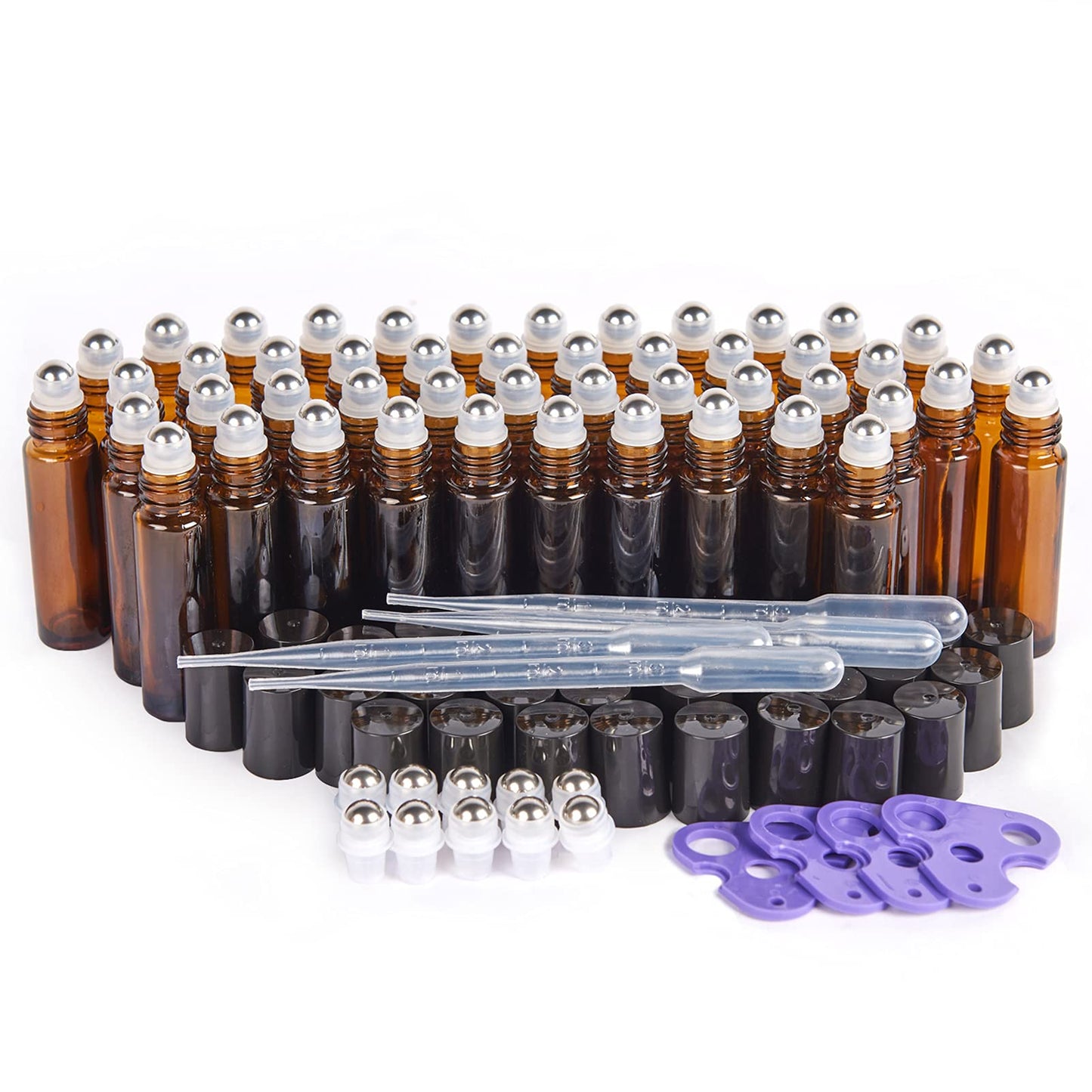 Essential Oil Roller Bottles, 48 Pack Hoa Kinh 10ml Empty Glass Amber Roller Bottles UV Protection with Stainless Steel Balls (10ml-48pack)