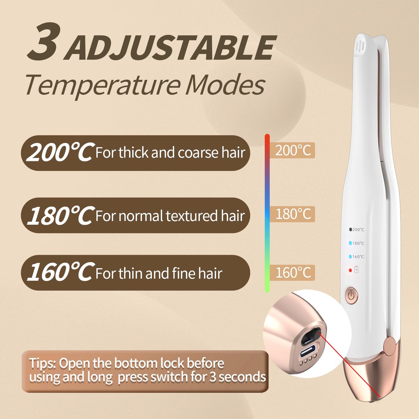 Mini Cordless Hair Straightener Portable Straight Curl Dual Purpose Hair Straightening Irons Fast Heating Hair Care with 3 Temperature Settings and Auto Shut-Off Hair Styling Tools for Women (White)
