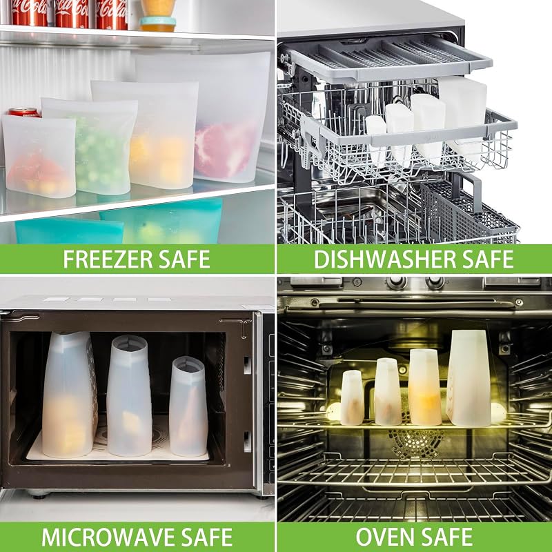 16 Pack 100% Silicone Reusable Food Storage Bags Set, Stand-Up Wide-Mouth, 2XL/4L/4M/4S/XS, Microwave & Dishwasher Safe, Translucent