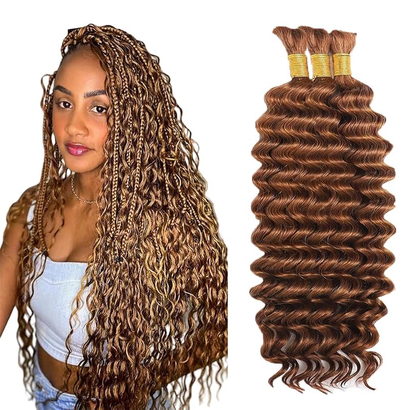 Human Hair Extensions Bulk Curly Braiding Hair 12-28 Inch Light Brown #30 Boho Style 3 Bundles