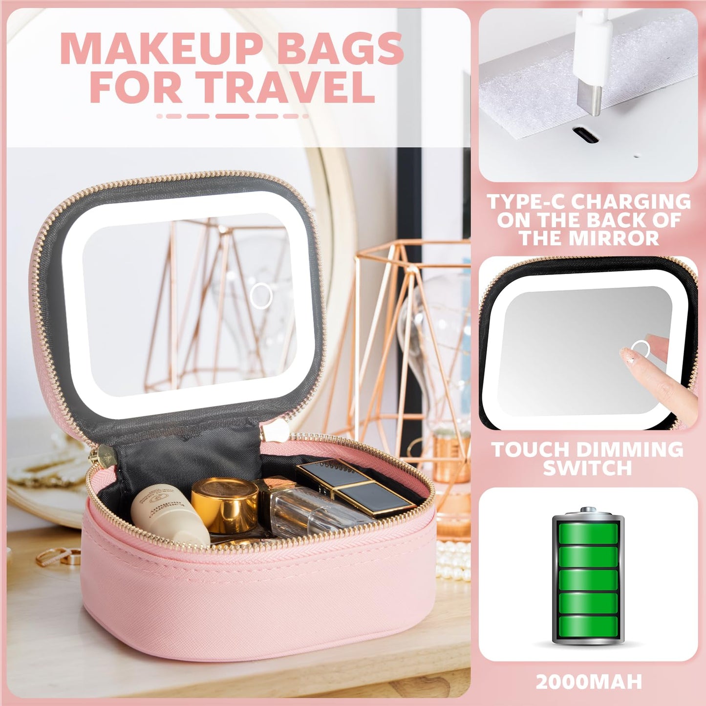 Extrei Gent Small Makeup Bag Travel Train Case with Mirror and Light Mini Travel Make up for Women Train Case Cosmetic Organizer 3 Adjustable Brightness Toiletry Bag Portable Artist Storage