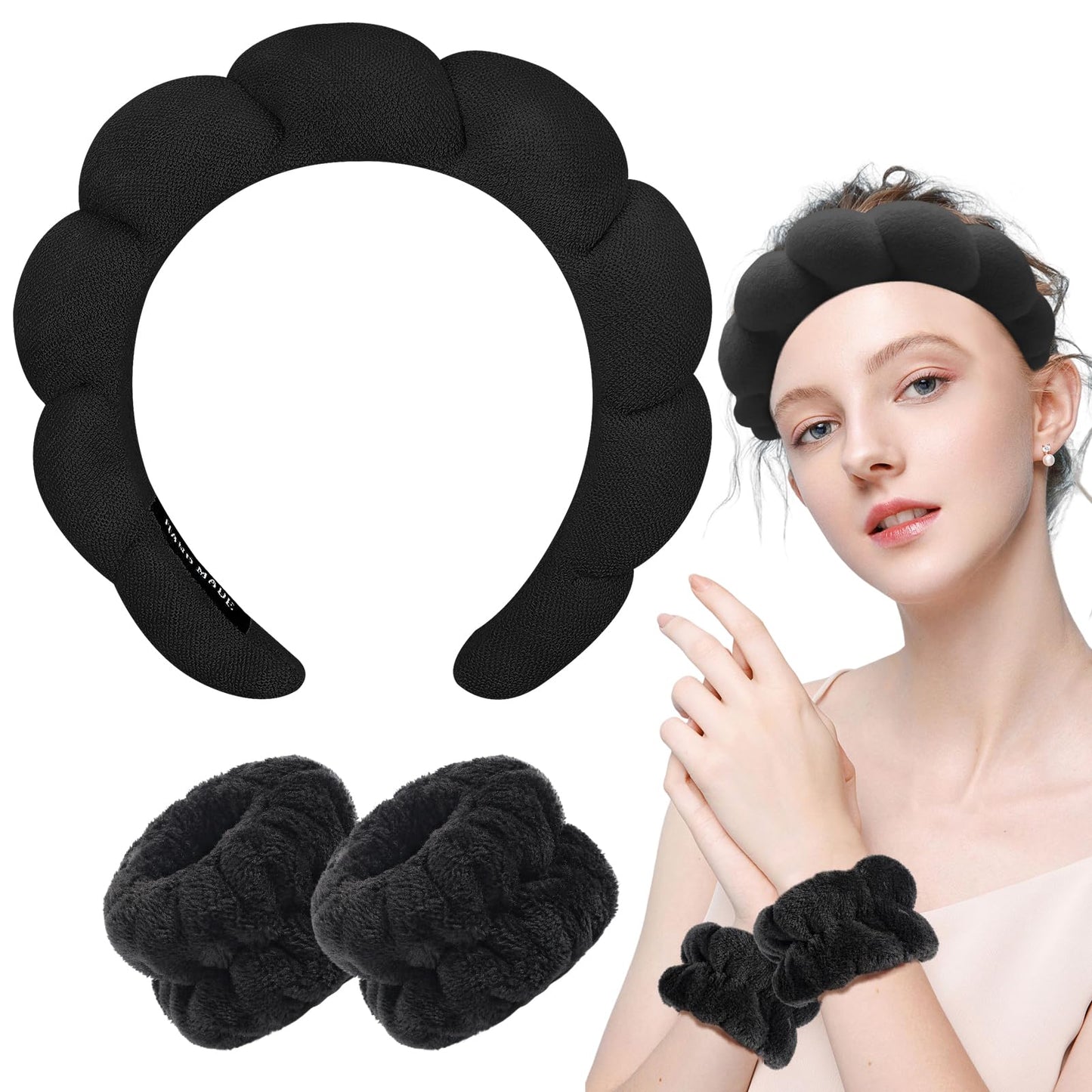 Zkptops Spa Headband for Washing Face Wristband Sponge Makeup Skincare Headband Terry Cloth Bubble Soft Get Ready Hairband for Women Girl Puffy Padded Headwear Non Slip Thick Hair Accessory(Black)