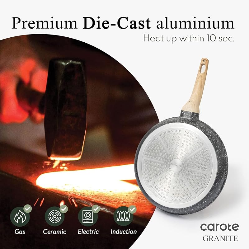 CAROTE Non Stick Frying Pan, Black 8"+10"+12" Granite Skillet Set