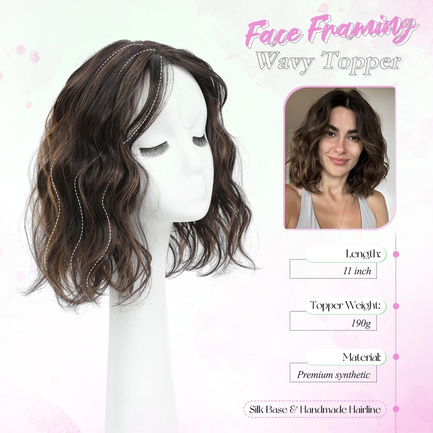 UDU Short Wavy Hair Topper for Women, 11Inch Lightweight & Breathable Synthetic Wiglet for Volume and Gray Hair Coverage, Heat Resistant Natural Hairpiece for Summer Look