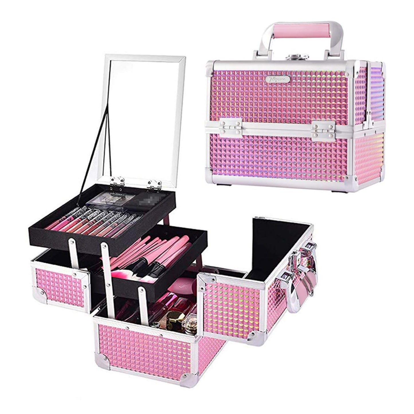 Joligrace Makeup Train Case Makeup Case Organizer Portable Cosmetic Box Storage with 2 Trays Mirror Locking Make Up Travel Case for Nail Kits Cosmetics Craft Traveling Makeup Box Mermaid Pink