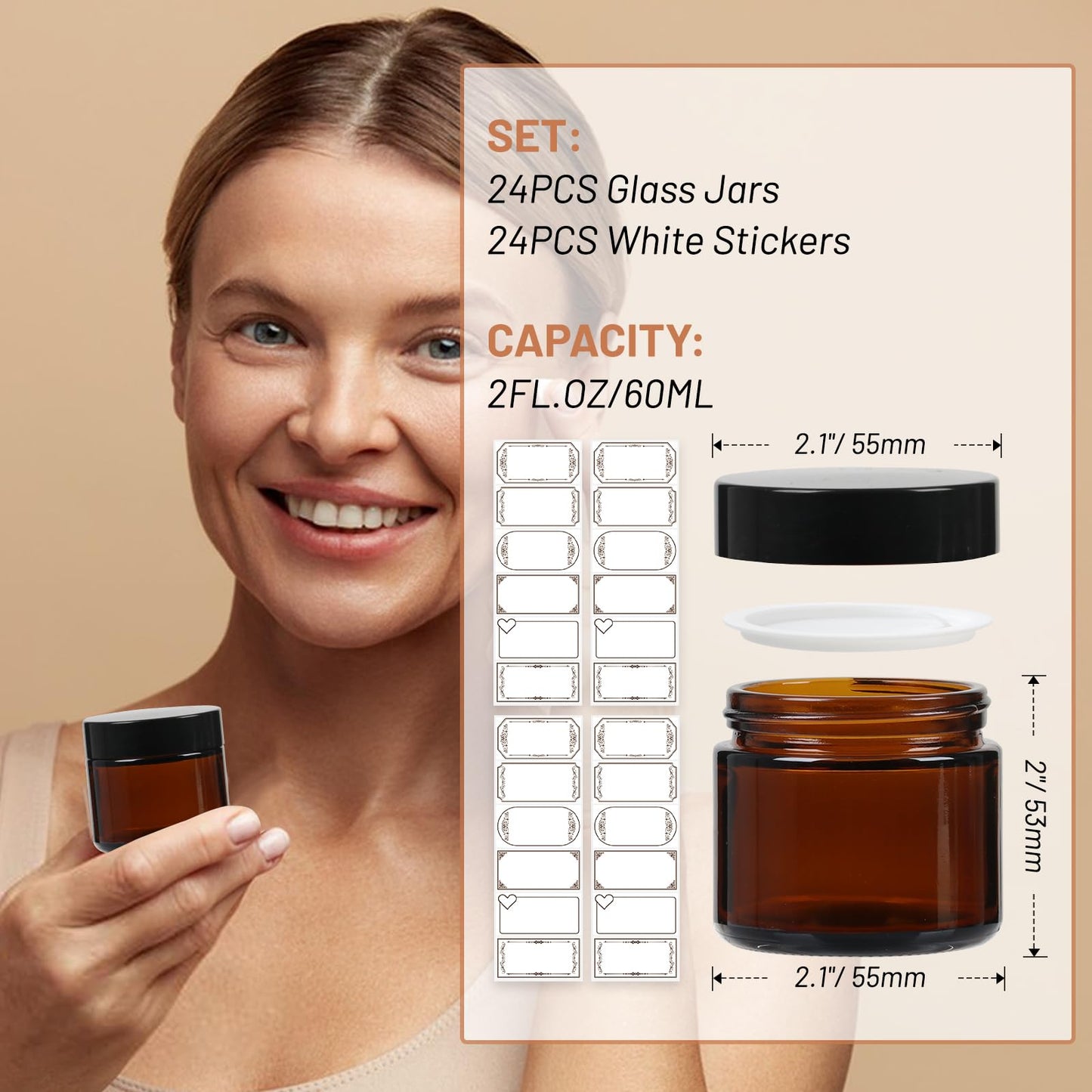 2oz Amber Glass Jars with Lids 24Pack- 2 oz Airtight Small Jars with Lids&Stickers for Cosmetics, Body Butter, Candle Making (2fl.oz-24Pack)