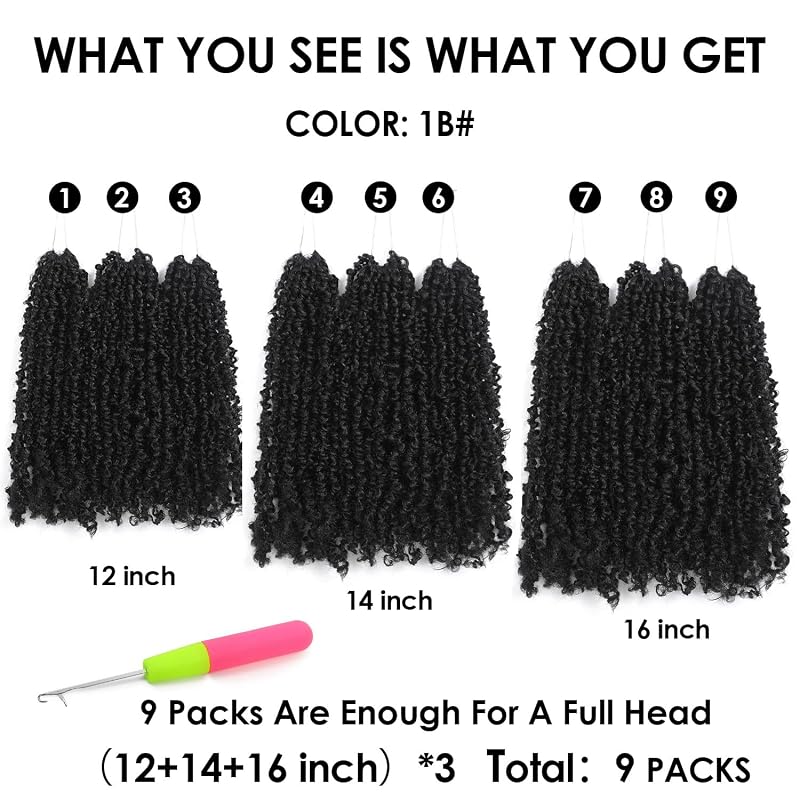 Yanky Twist Crochet Hair - 12" 14" 16" Natural Black (1B#) 9 Packs, Pre-Mixed