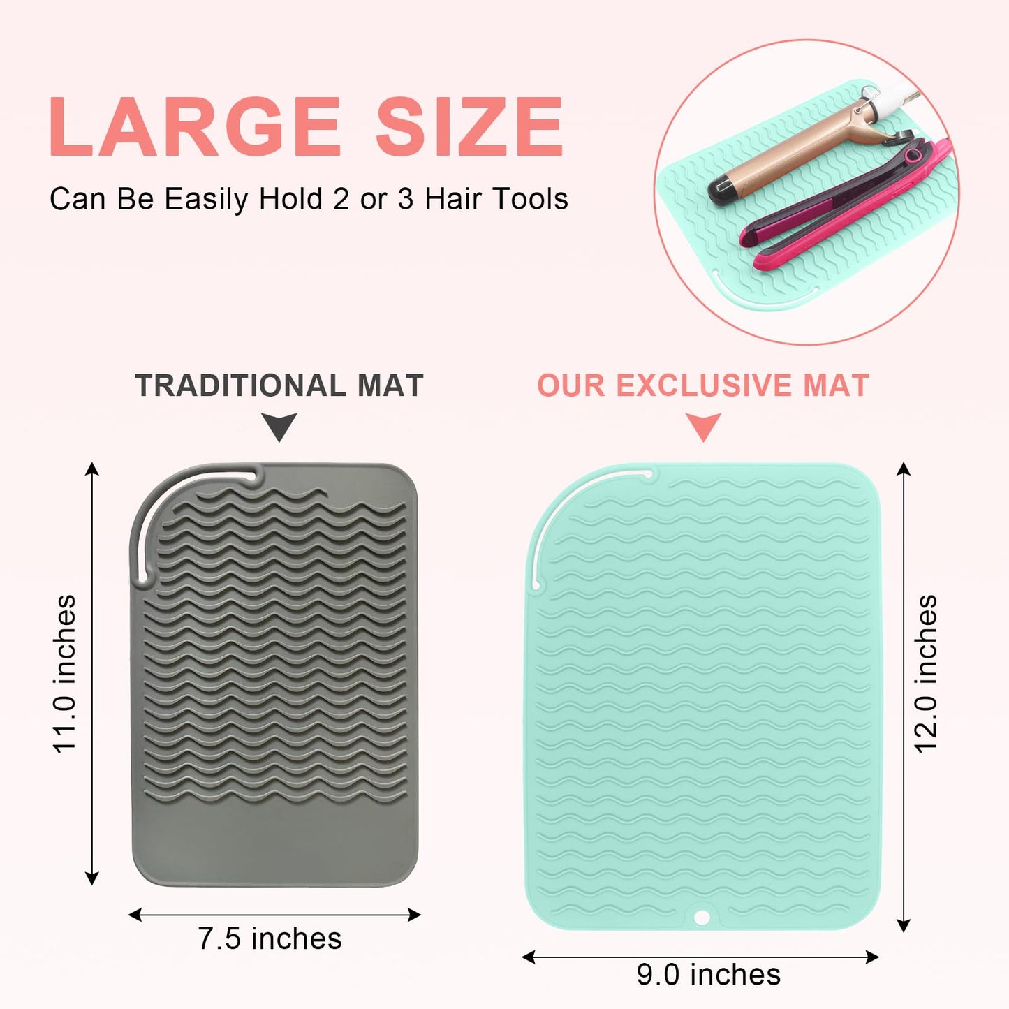 Suafrnut Plus Size Silicone Heat Resistant Mat, Portable Travel Hot Tools Pad Cover for Curling Iron, Flat Iron, Hair Straightener and Other Hair Styling Tools(12.0" x 9.0")