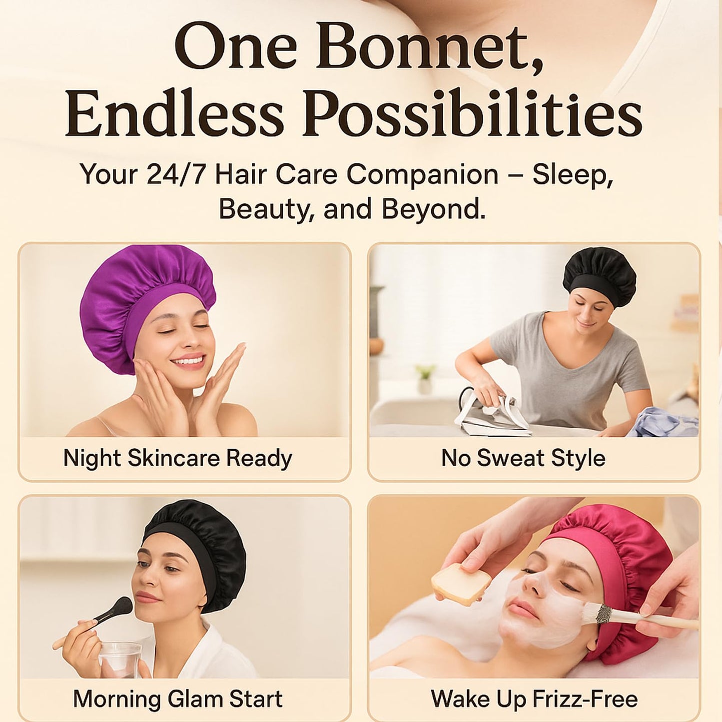 Satin Bonnet for Women Silk Sleep Cap Large Double Layer Night Cap with Wide Band for Curly Natural Hair （P1)