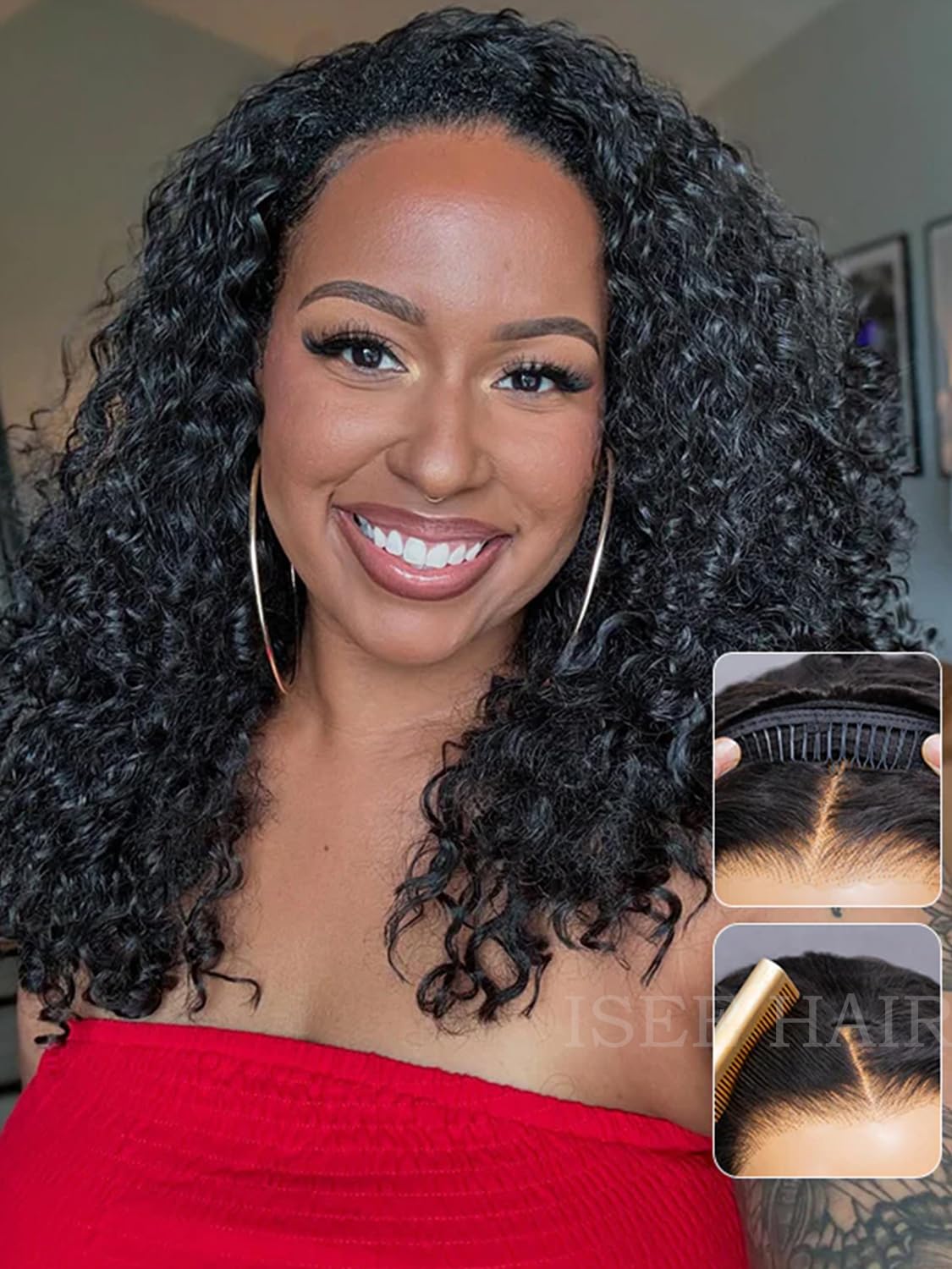 ISEE Half Wig Human Hair Water Wave Human Hair Glueless Wigs Seamless Clip Ins Flip Over Wear Go Wig Invisible Hairline Beginner Friendly 24 Inch