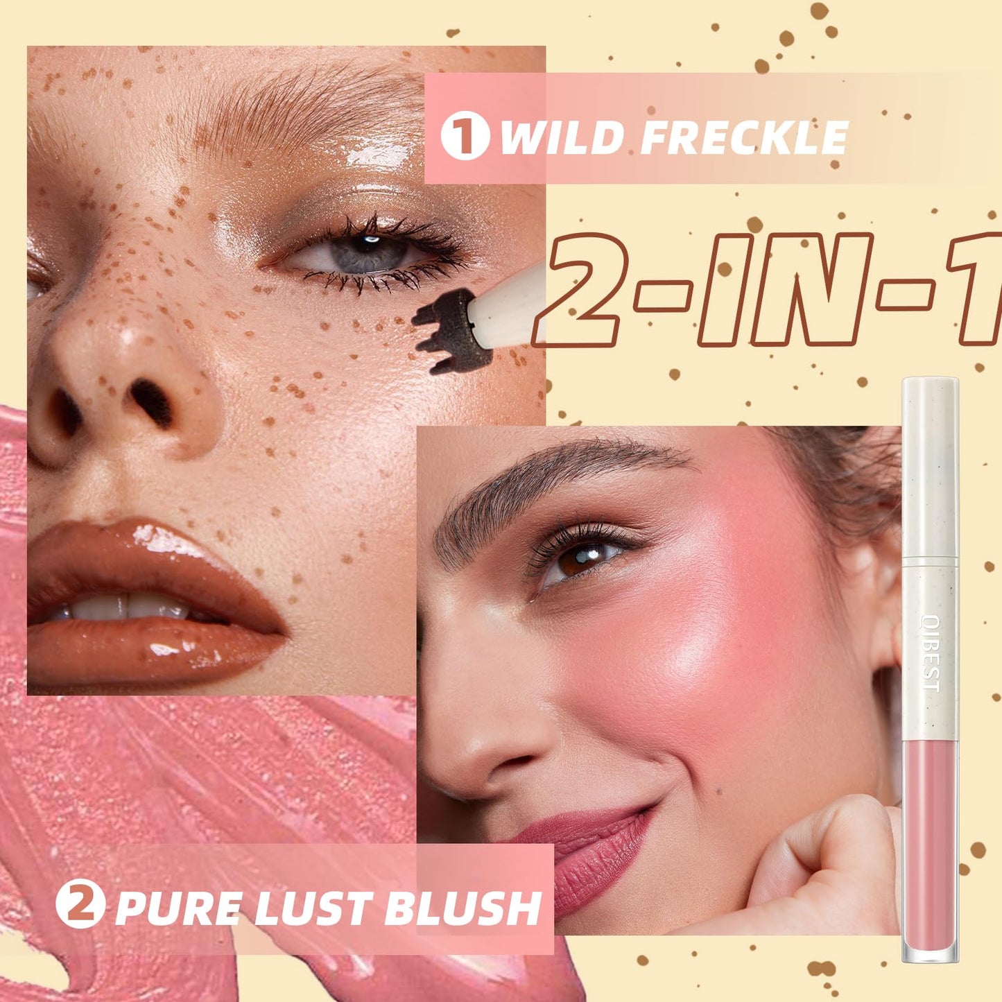 2-in-1 Freckle & Blush Pen Pro Kit: Light Ash Brown Faux Freckle Stamp + Dusty Rose Liquid Blush | Waterproof, Natural Finish | (04)