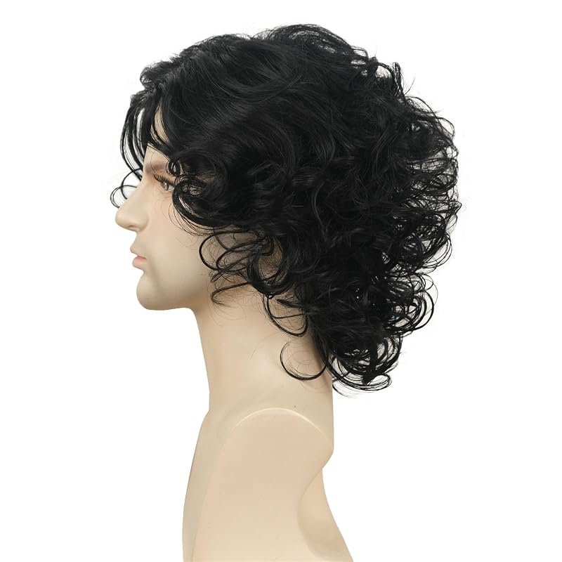 Aimole 12" Long Curly Men Wig - Black with Bangs, Synthetic High Temp Fiber, Cosplay