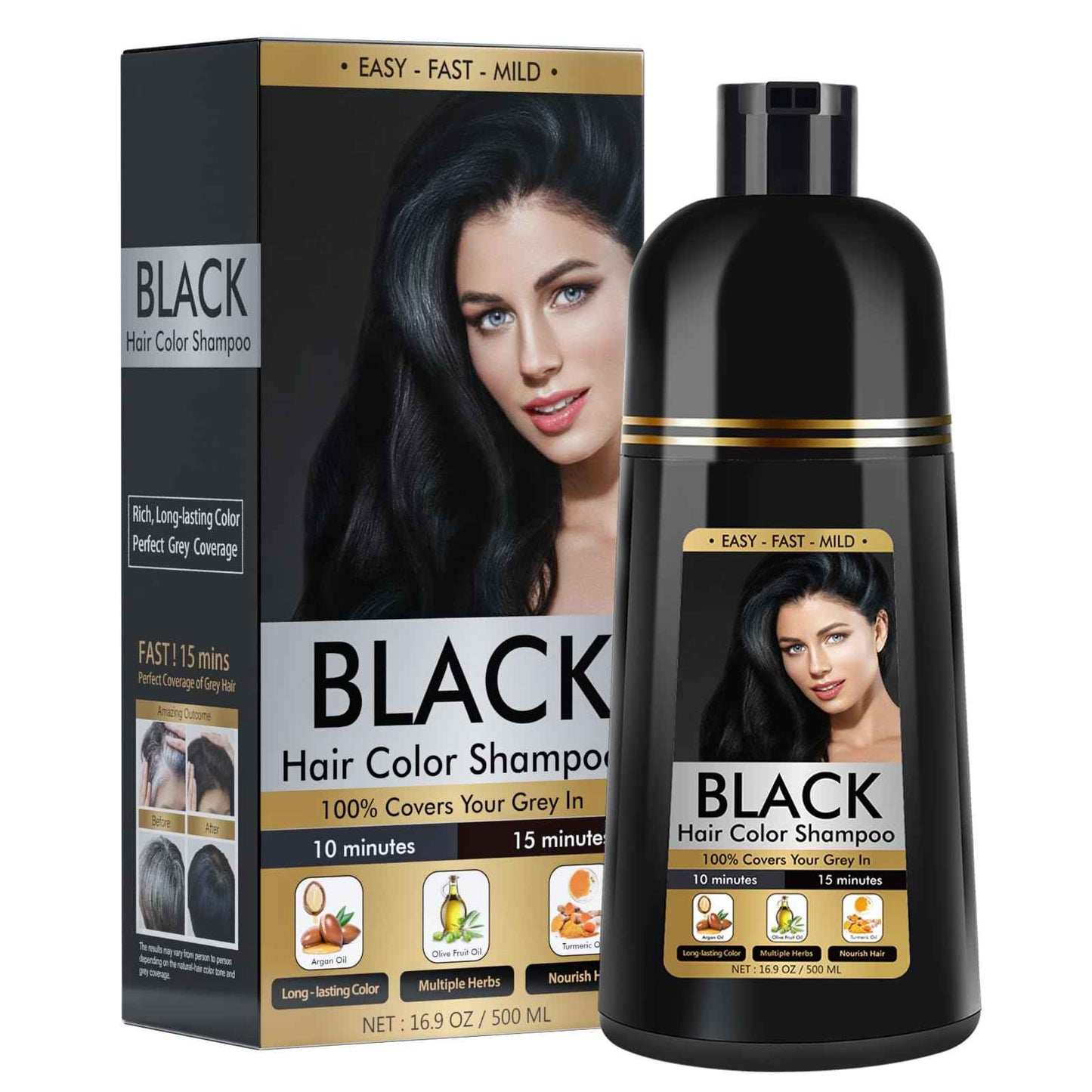 BOJICA Black Hair Dye Shampoo 3 in 1 for Gray Hair, Hair Color shampoo for Women, Natural Shampoo Hair Dye-100% Grey Hair Coverage/Herbal Ingredients-17.6 OZ
