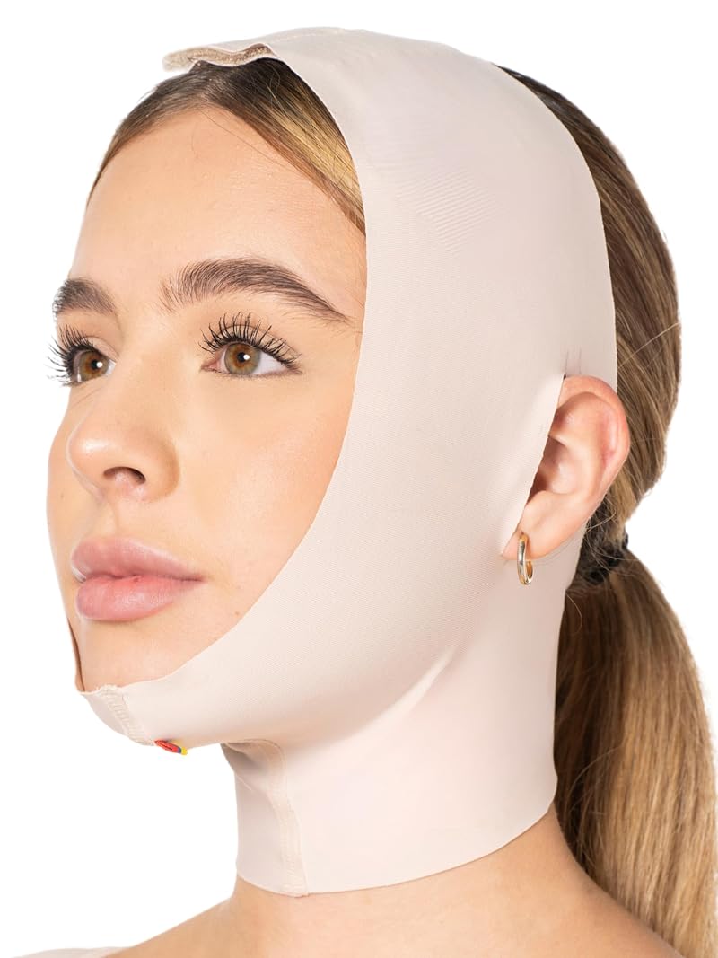 Post Surgery Chin Guard Strap - Beige Medium Open-Ear Compression Chin Support