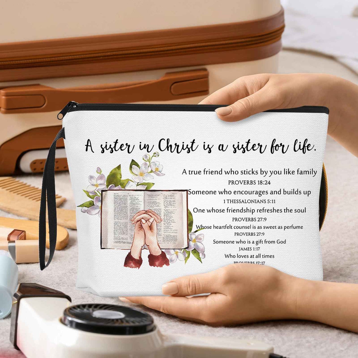 Dansydaisy 16 Pcs Christian Church Sister in Christ Makeup Bag Bible Verse Keychains for Women Birthday Friendship Gift