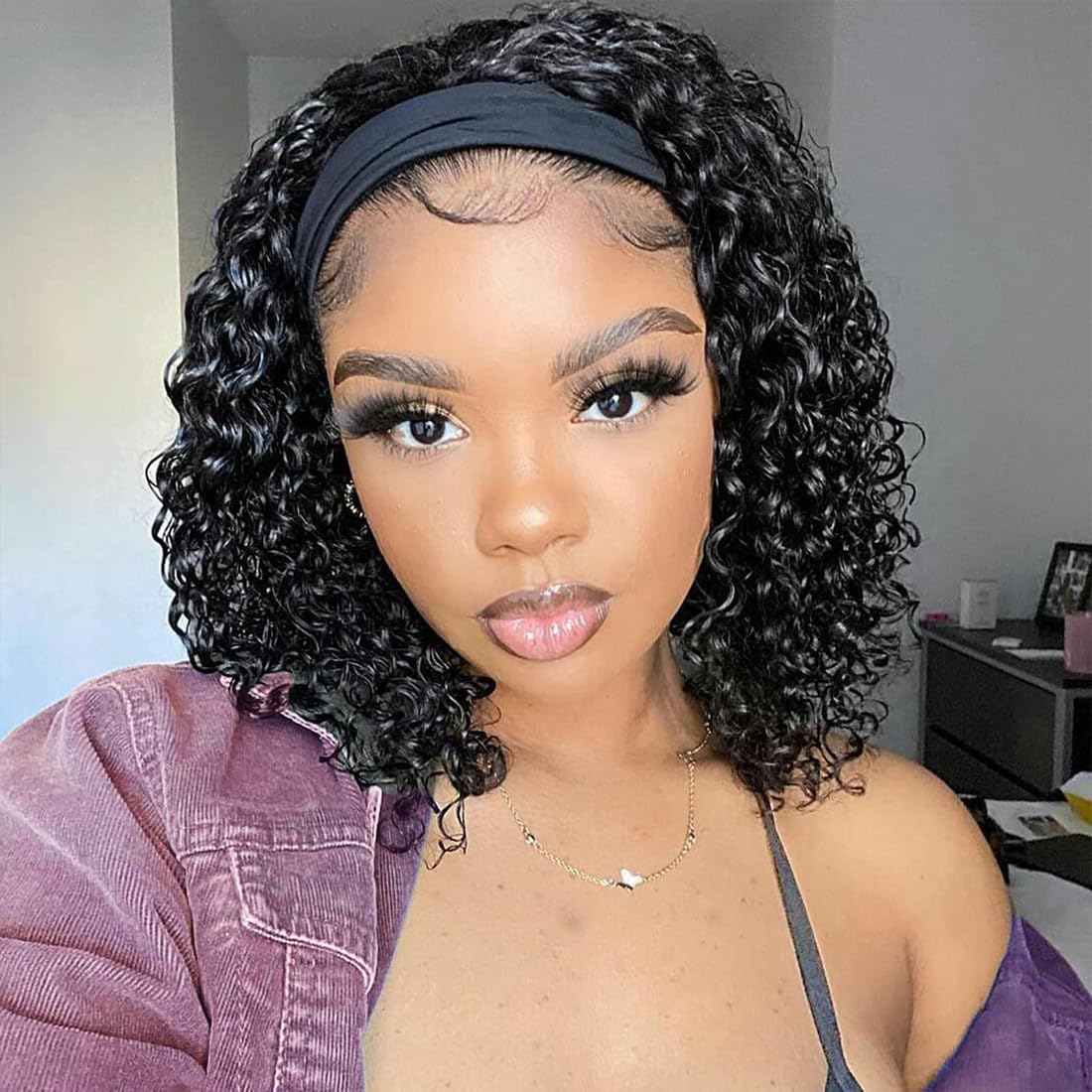 Punmasa Headband Wig Human Hair Deep Wave 12 Inches None Lace Front Wig Human Hair Machine Made Wigs 150% Density Headband Curly Human Hair Wigs for Women Natural Color Half wig