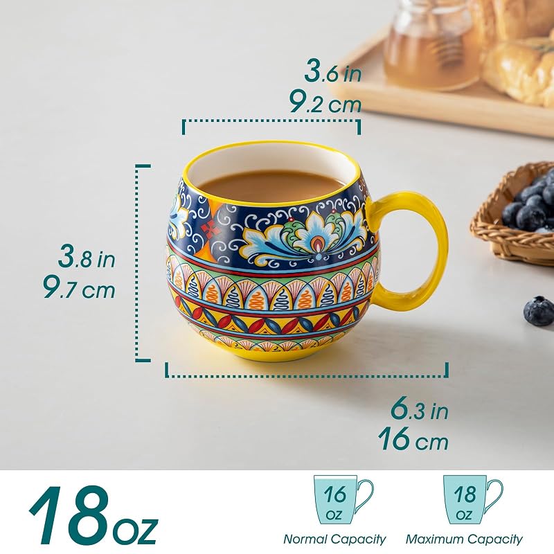 18oz Set of 6 Ceramic Coffee Mugs - Colorful Bohemian SIMI Dinnerware