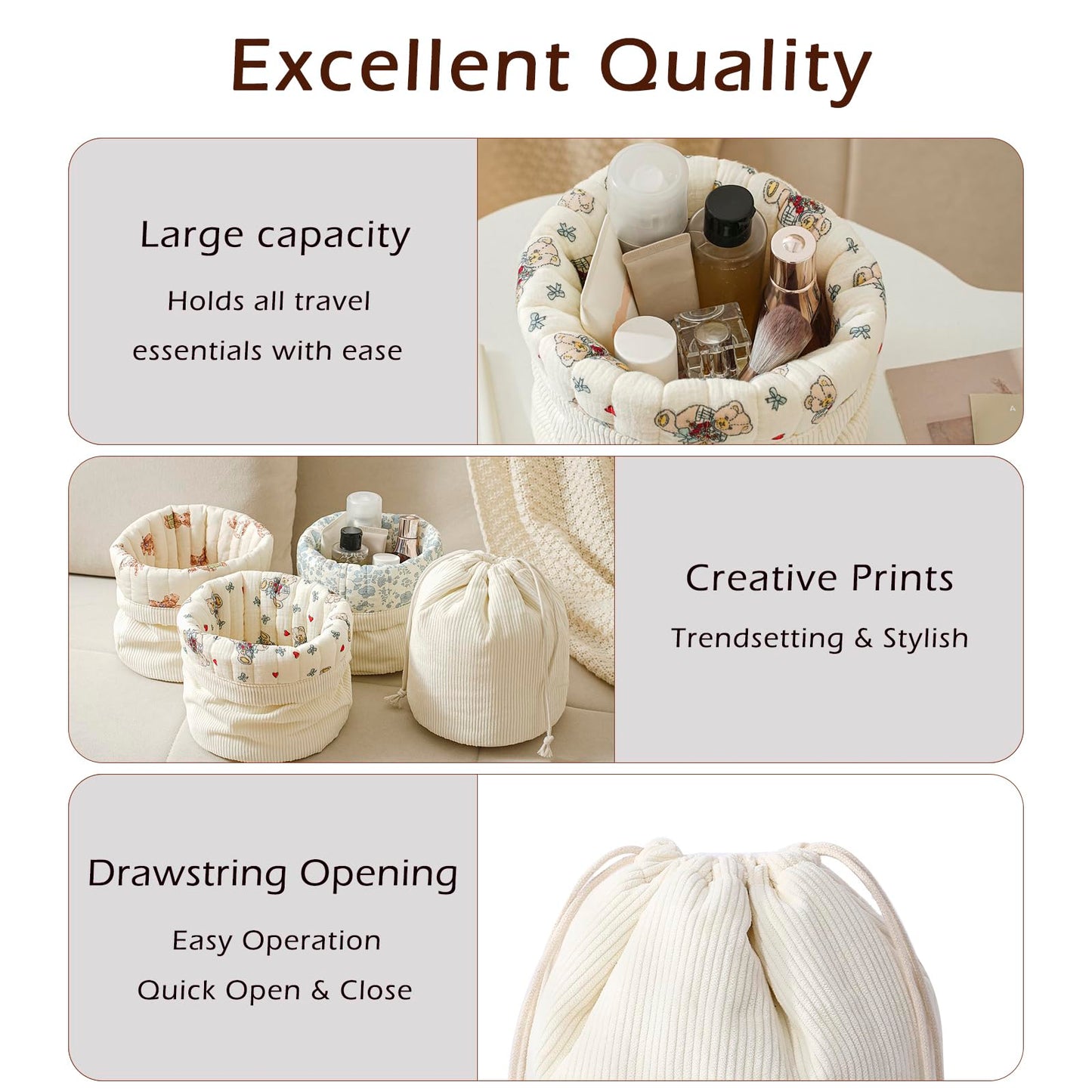 RSRSLEII Aesthetic Corduroy Drawstring Makeup Bag with Quilted Lining, Coquette Quilted Cotton Cosmetic Bag, Portable Travel Organized Toiletry Bag for Women Girls（05White Rabbit Bear）