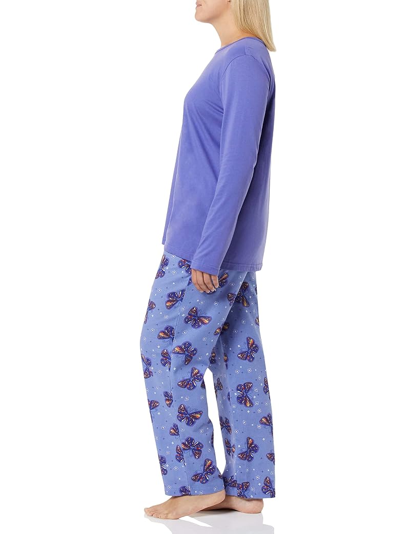 Butterfly Print 2-Piece Flannel Pajama Set for Women - 100% Cotton, Small, Purple Butterfly