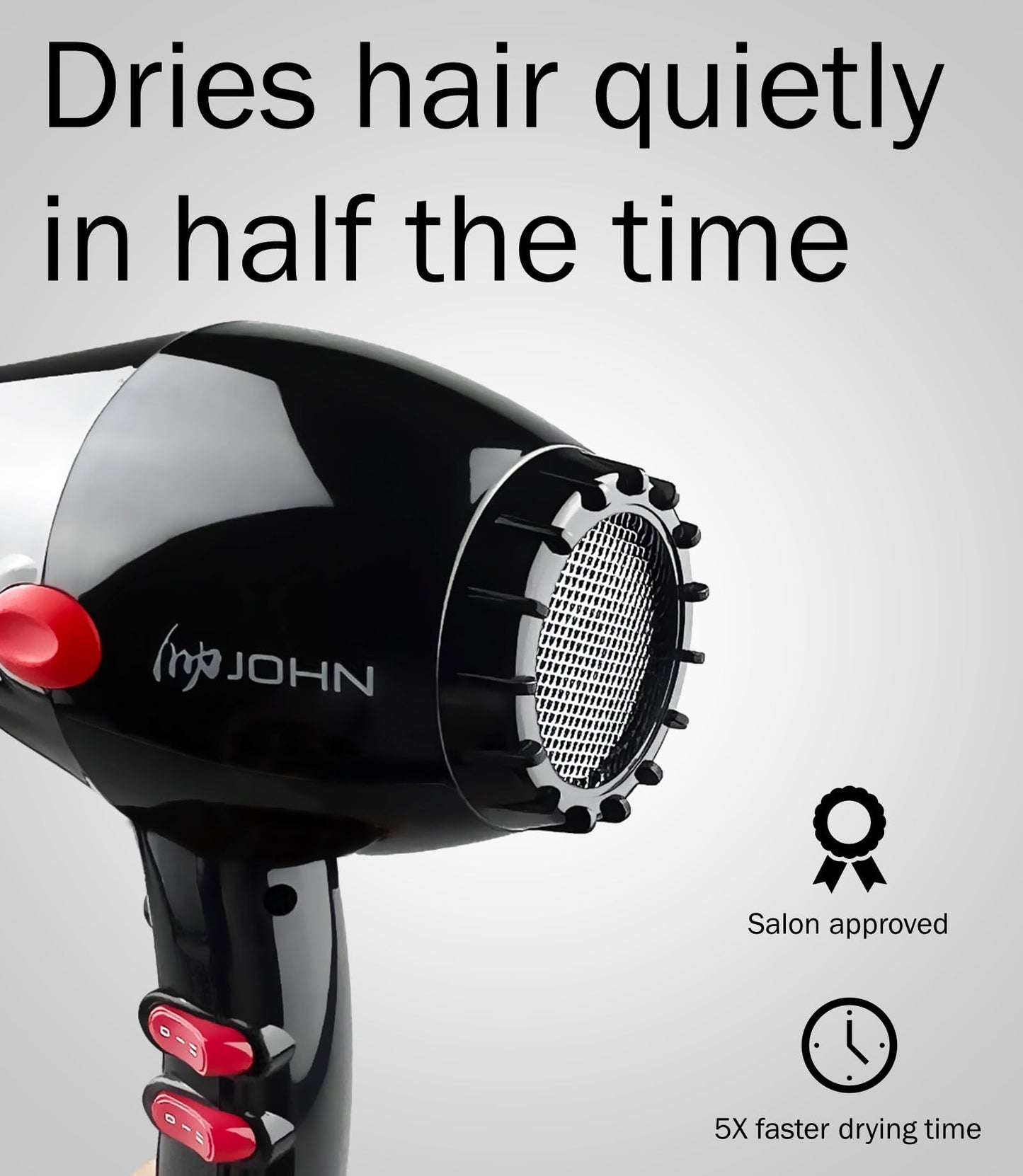JOHN Super Fast Drying Hair Dryer, Ionic 2200W Professional Salon Blow Dryer, 2 Concentrator Nozzles, Blast Turbo 6900, Black