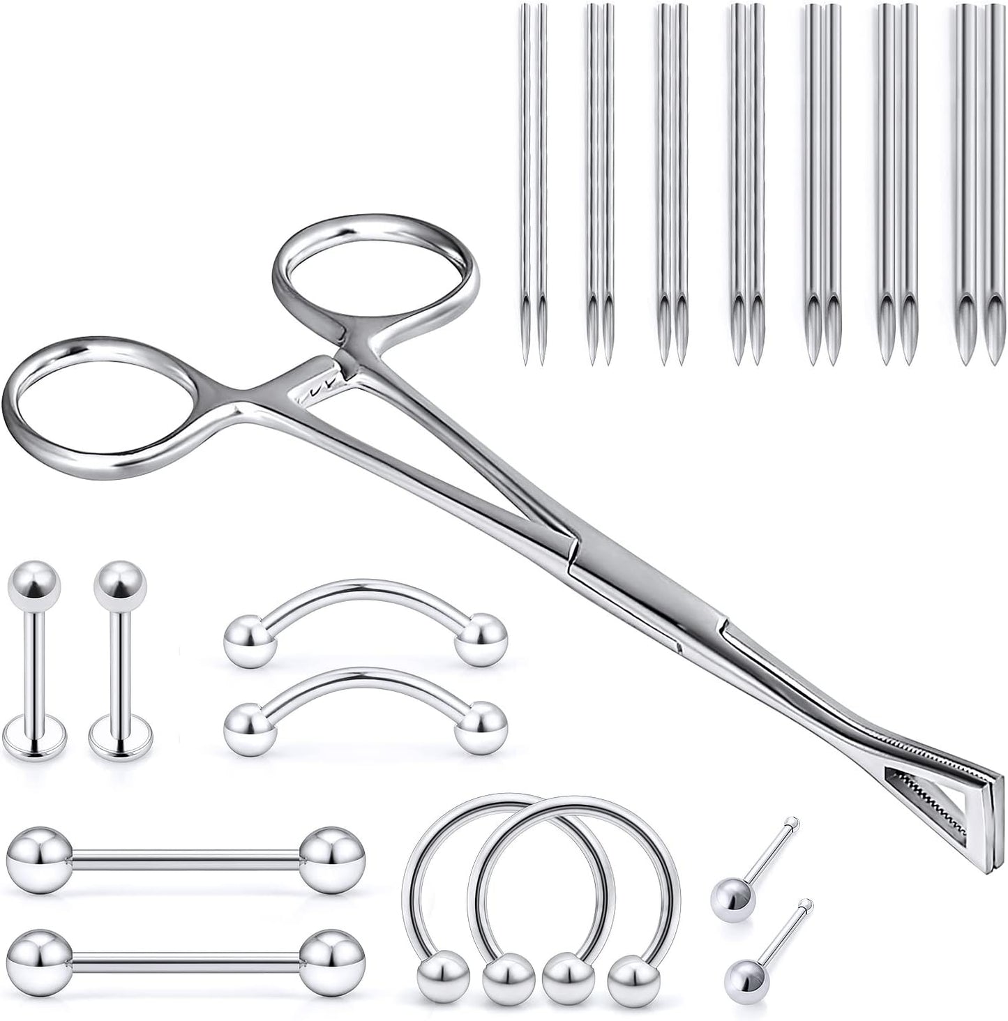 316L Surgical Steel Body Piercing Tools Kit - 9 Styles for Nose, Septum, Lip, Tongue & More