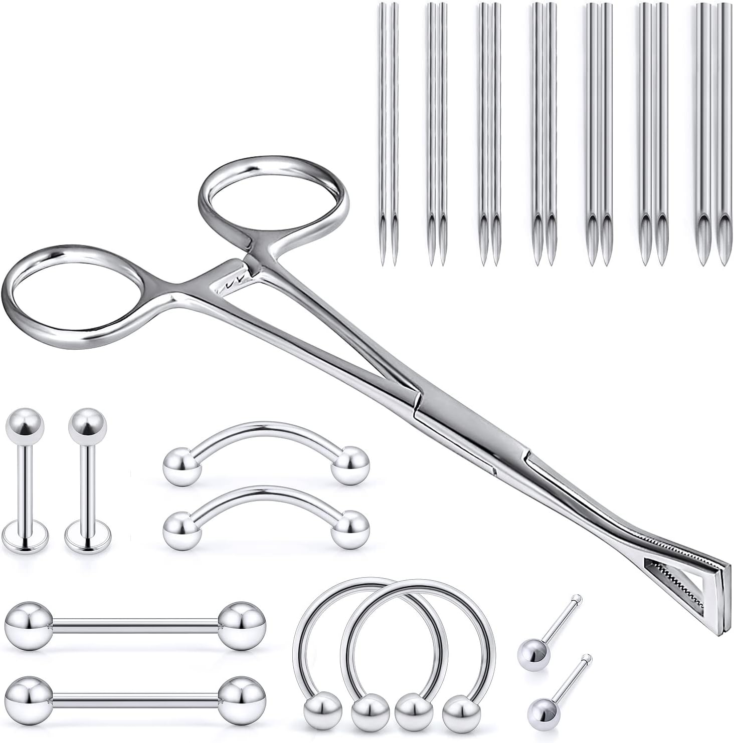 316L Surgical Steel Body Piercing Tools Kit - 9 Styles for Nose, Septum, Lip, Tongue & More