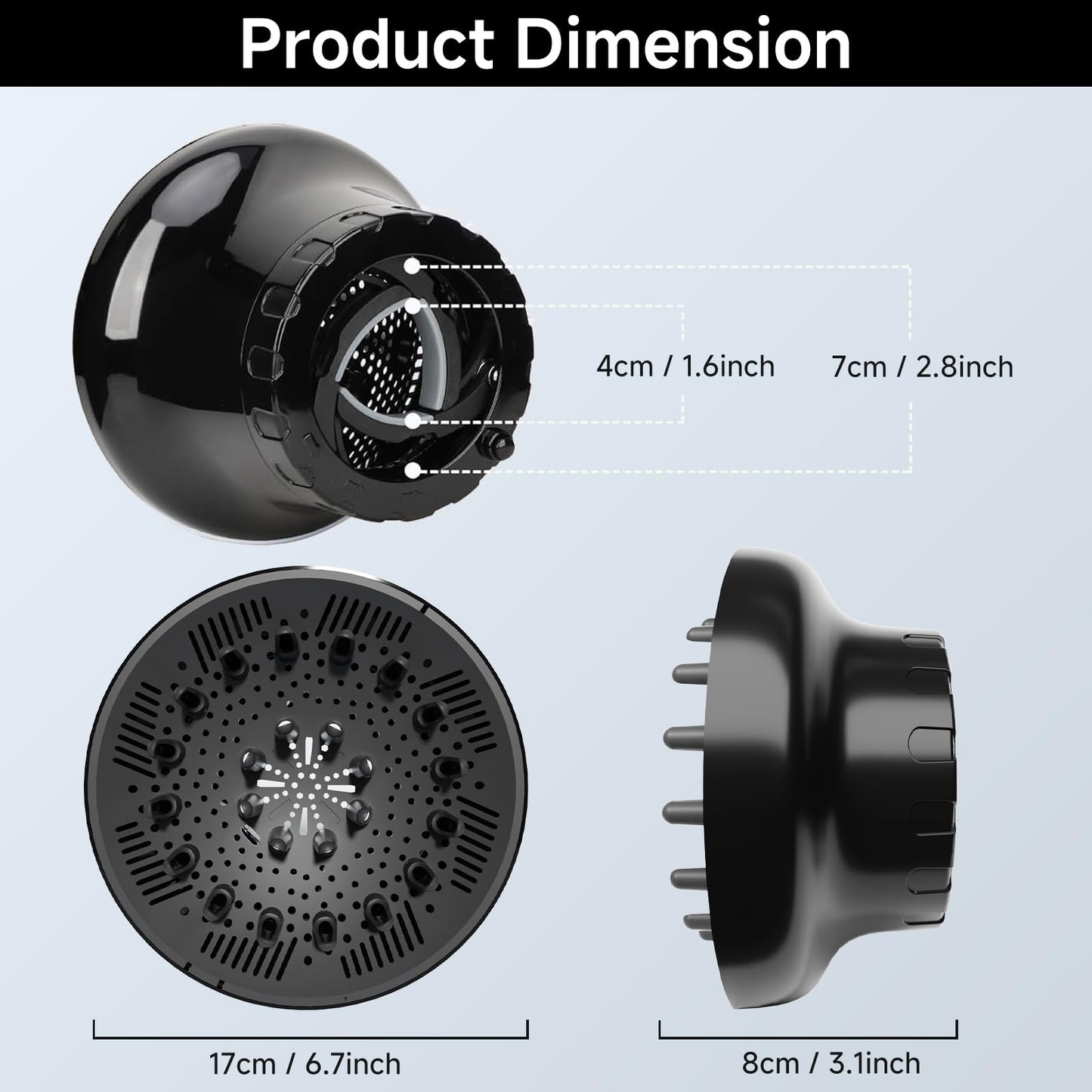 Hair Diffuser, Diffuser Attachment for Hair Dryer, Hair Diffuser for Curly Hair, Universal Diffuser for 1.4-2.6" Hair Blow Dryer Long Thick Curly Wavy Hair, Hair Attchment for Women, Black