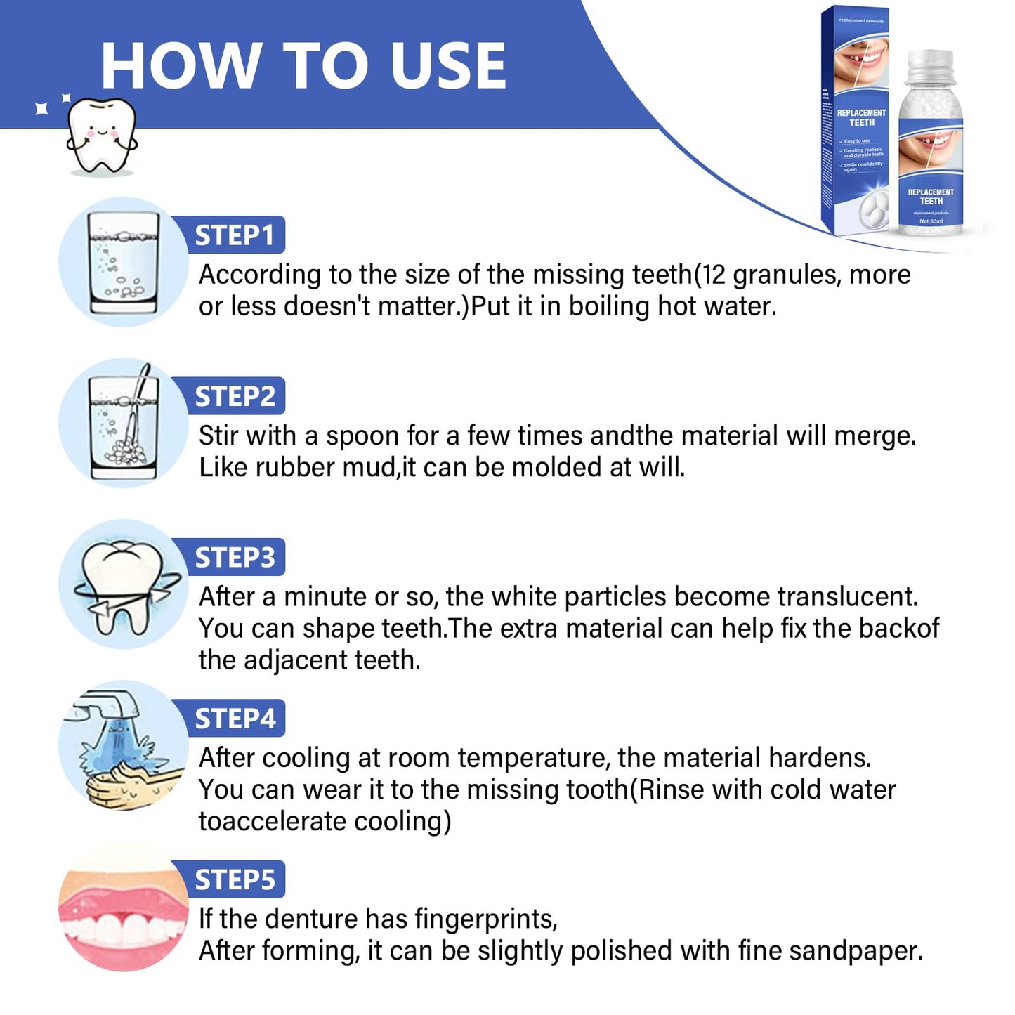 Tooth Repair Kit, Safe and Effective Fake Teeth Replacement, for Fixing Missing & Broken Teeth Replacement, Smile Confidently with 30ml Tooth Beads + 4 Dental Tools