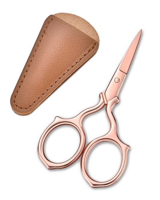 ULG Multi-Purpose Eyebrow Scissors Small Precision Grooming Kit for Women & Men – 3.7” Stainless Steel Beauty Scissors for Eyebrow, Eyelash, Nose Hair, Beard, Mustache with a PU Pouch, Rose Gold