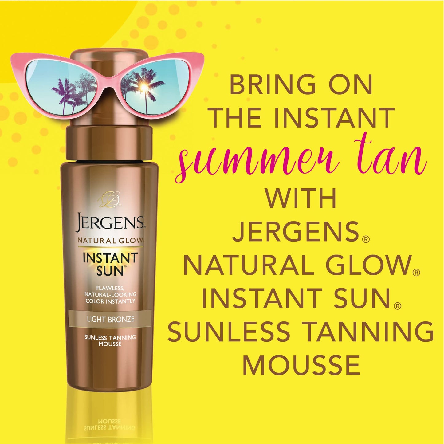 Jergens Natural Glow Instant Sun Body Mousse, Self Tanner for Light Bronze Tan, Sunless Tanning Body Bronzer for Natural Looking Color Instantly, 6 Oz