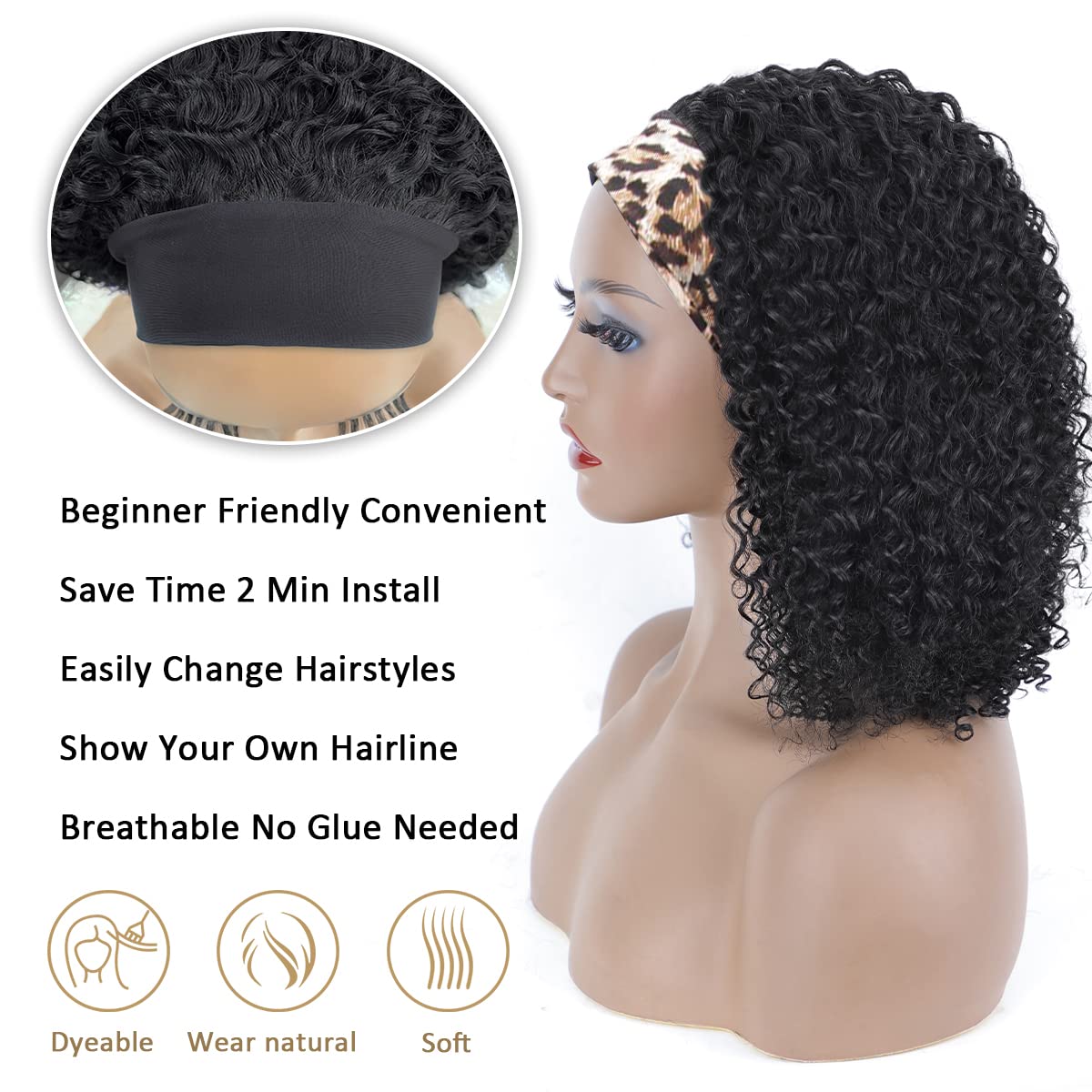 AISI QUEENS Human Hair Headband Wigs for Black Women - Curly, Glueless, Easy Wear - 10 Inch, Medium Cap Size (21.5 Inch)