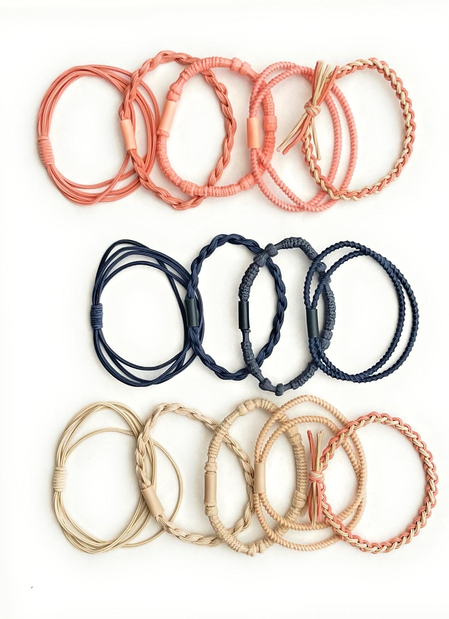 Coiffed + Co. Stacked Bracelet Hair Ties (Color: Linen, Peach, Navy) 14 Count, Hair Ties for Women, No Damage Hair Elastics, Hair Bands, Ponytail Holders, Ties for Thick and Thin Hair, Holiday Gift