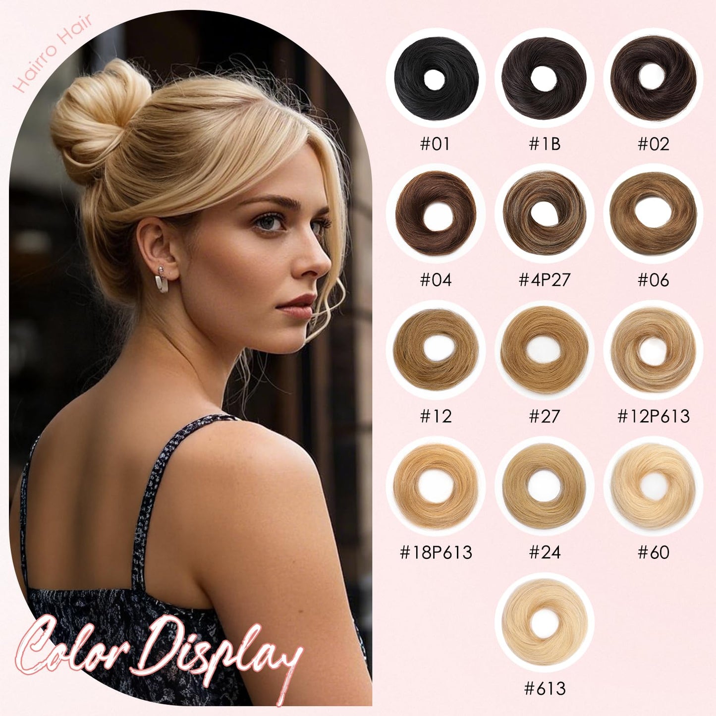 Hairro Human Hair Messy Bun, 100% Real Ponytail Hair Scrunchies, Natural Curly Chignon Fluffy Donut Updo, Hairpiece with Elastic Rubber Band for Women, 1 Count Golden Brown Straight