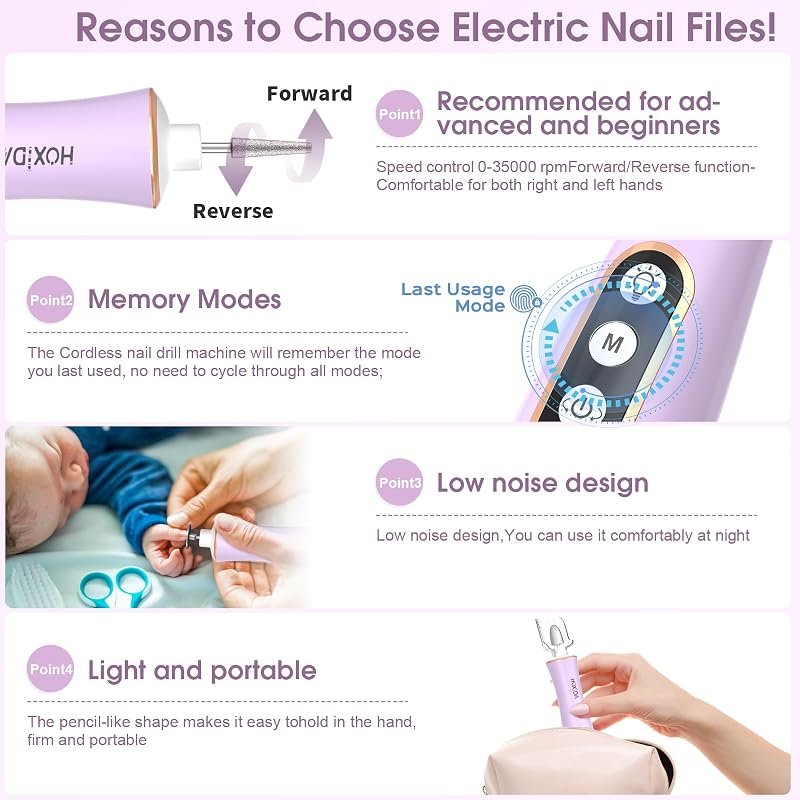 Hoxida Cordless Nail Drill 2000RPM | Purple – USB-C Rechargeable Nail File with 360° LED Light, LCD Display