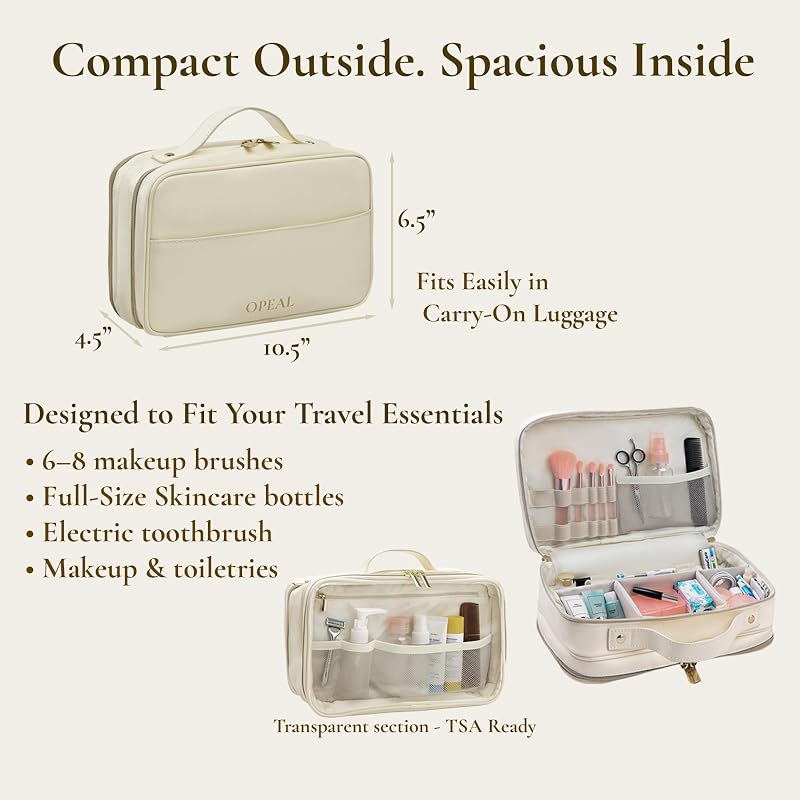 2-in-1 Travel Makeup & Toiletry Organizer with Clear TSA Window - Vegan Leather, Repositionable Compartments, Gift Box - Carry-On Friendly – Cream Beige