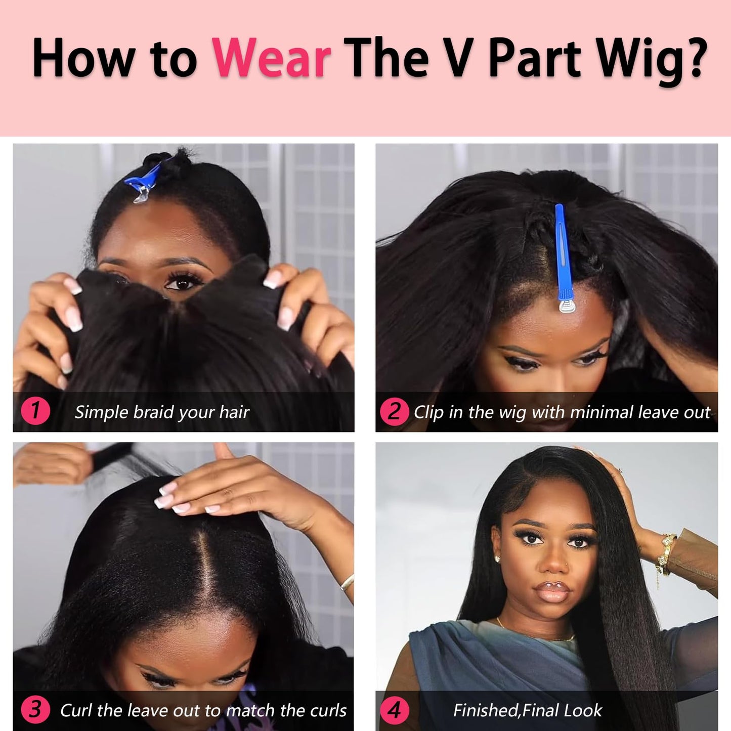 V Part Wig Human Hair Kinky Straight Human Hair Wigs Upgrade U Part Human Hair Wig for Women No Leave Out No Sew In 200% Density Natural Color 28 Inch
