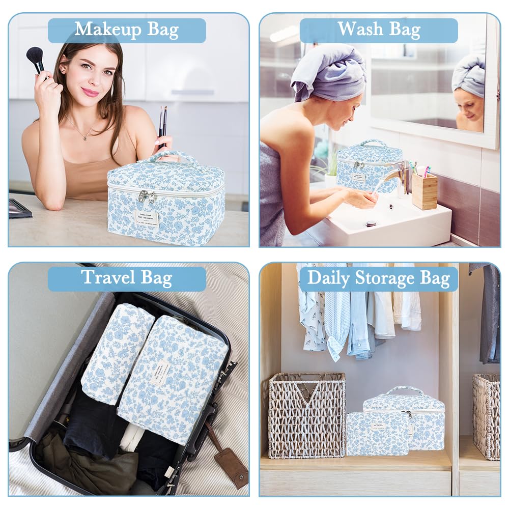 3Pcs Cotton Quilted Makeup Bag Set,Large Floral Cosmetic Bag，Aesthetic Toiletry Travel Makeup Bag Set and Cute Flower Bag for Women Girls (Blue White Flower)