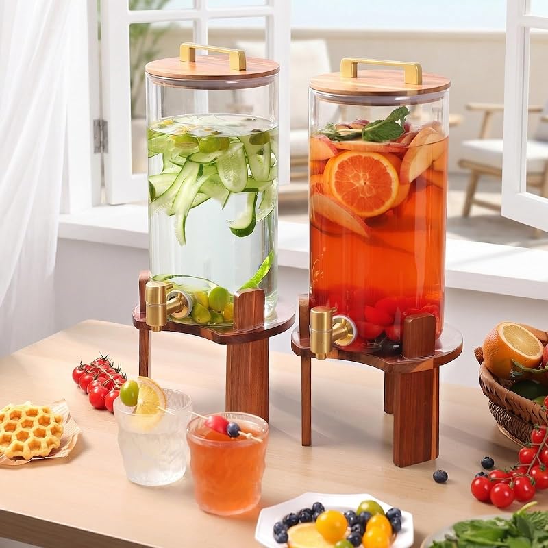 2 Pack 1.5 Gallon Glass Beverage Dispenser with Wood Stand & Stainless Spigot