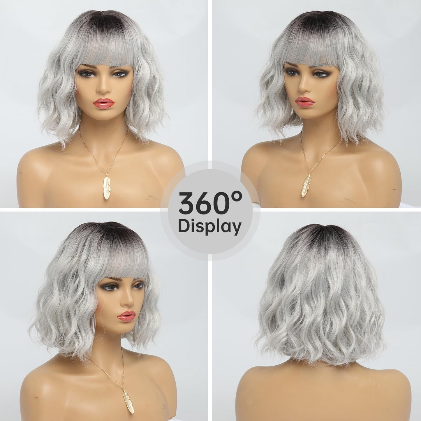 EssionTech Short Silver Wigs for Women Ombre Grey Wavy Bob Wig with Bangs Medium Length Synthetic Hair Water Wave Dark Roots Wig Gray Colorful Wigs（14 Inches）