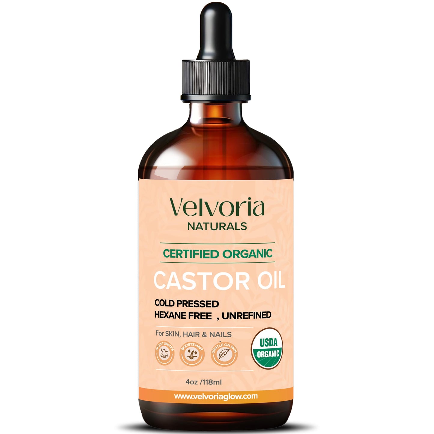 VELVORIA NATURALS Castor Oil Organic Cold Pressed Hexane Free - 4oz Glass Bottle. Pure Natural Oil for Hair, Eyelashes, Eyebrows.