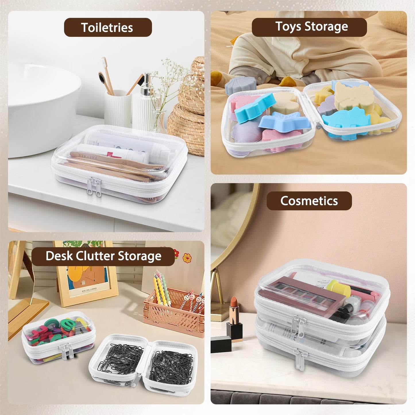EYAYEN Clear Hard Shell Zipper Case 3 Pack Transparent Storage Box Containers Makeup Pouches for Small Item Waterproof Cosmetic Organizer Bags for Travel Toiletries (White,8"x 4")