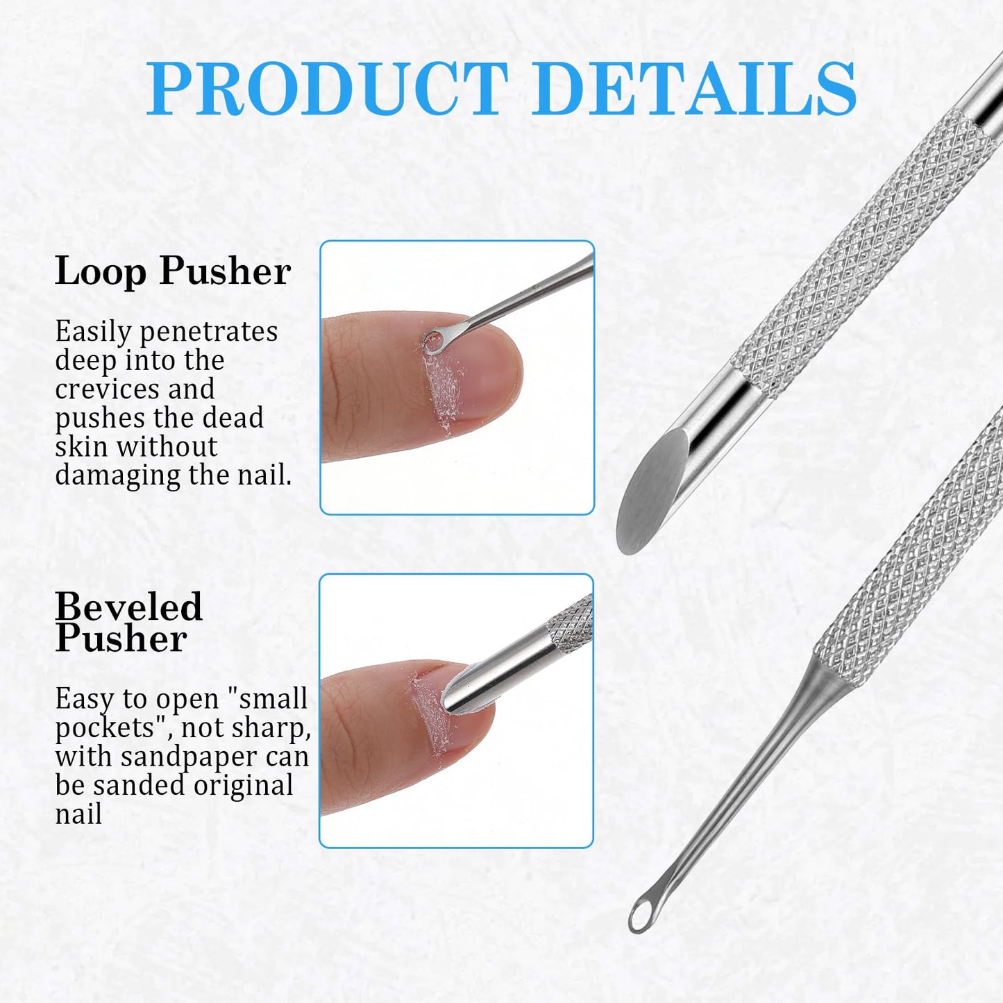 Dual Ended Cuticle Pusher, Round Cuticle Pusher Remover Manicure Tools for Fingernails with 100/180 Self-Adhesive Grit Sandpaper Sheets (Silver)