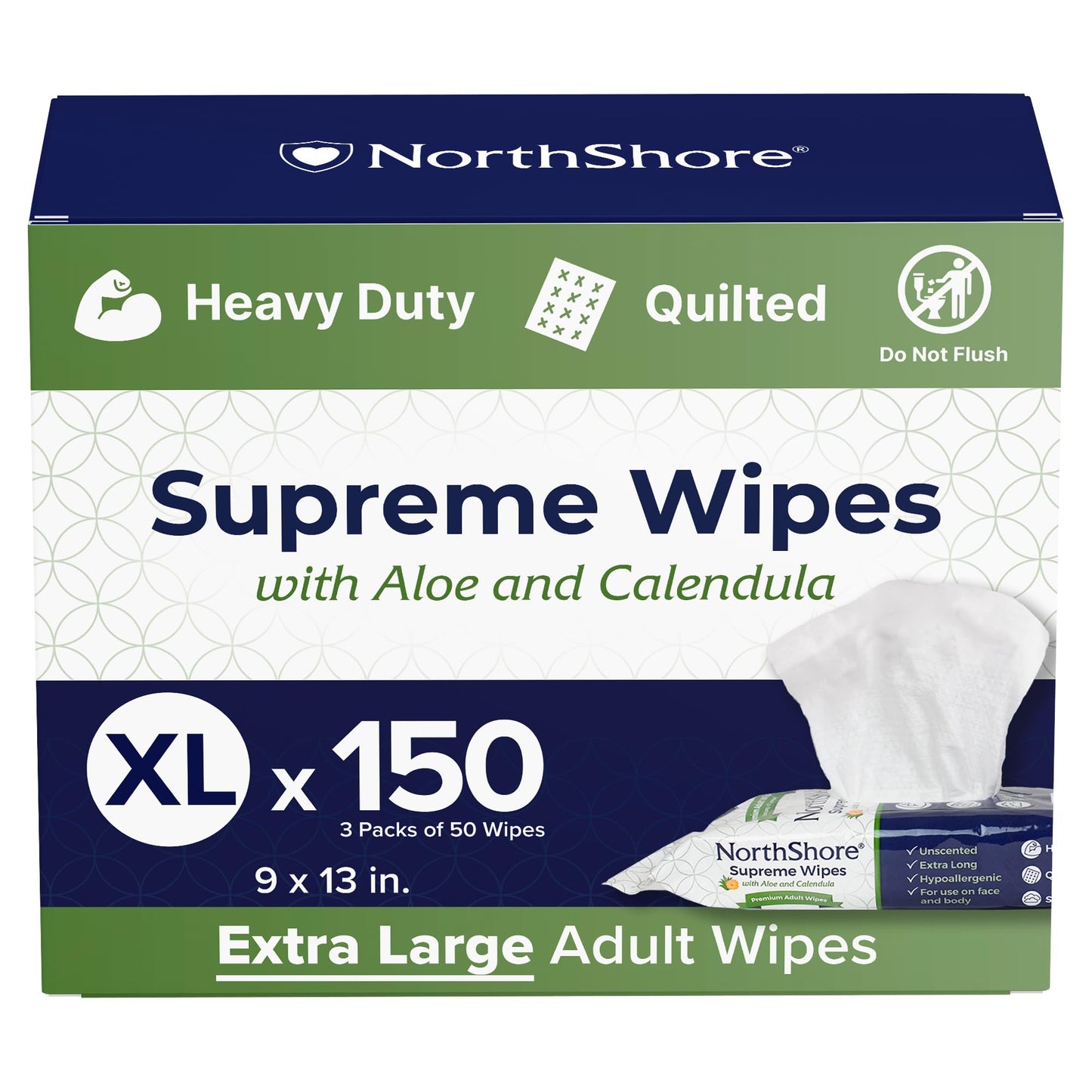NorthShore Supreme Heavy-Duty Quilted Wipes, X-Large, 9 x 13 in., 50 ct, 3-Pack