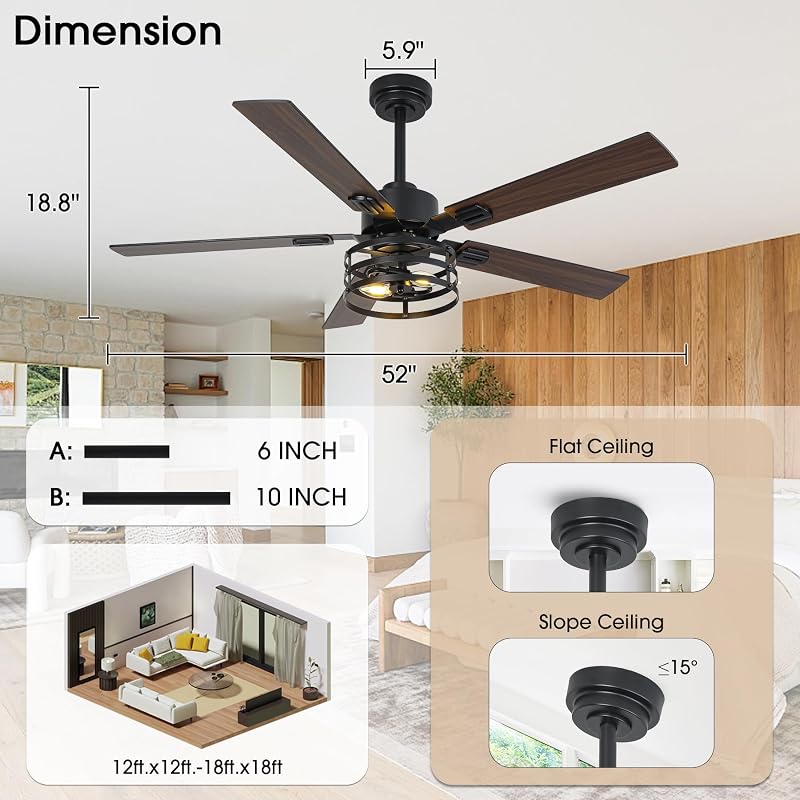 52 Inch Farmhouse Ceiling Fan with Light - Maple/Black, 6-Speed DC, Remote