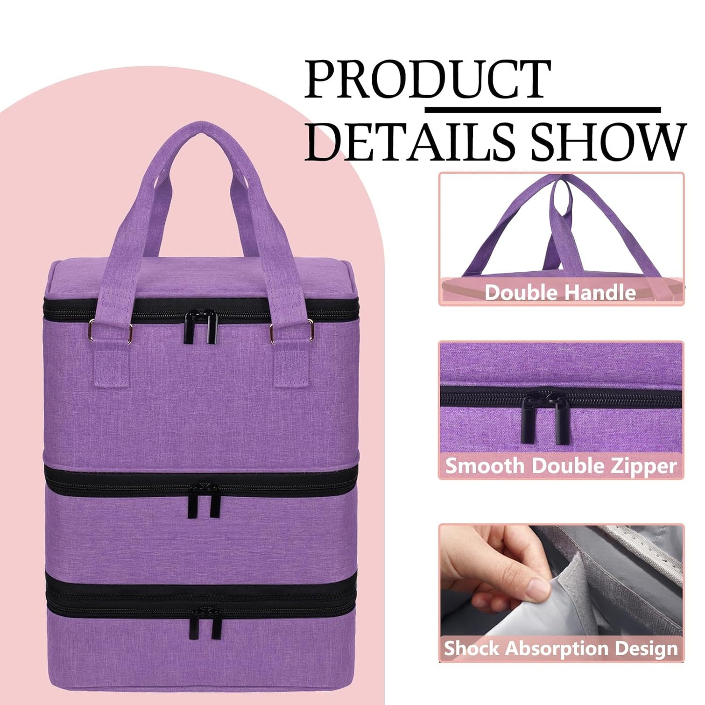 Nail Polish Organizer Bag with Travel Case for 30+ Bottles & Nail Lamp - Purple